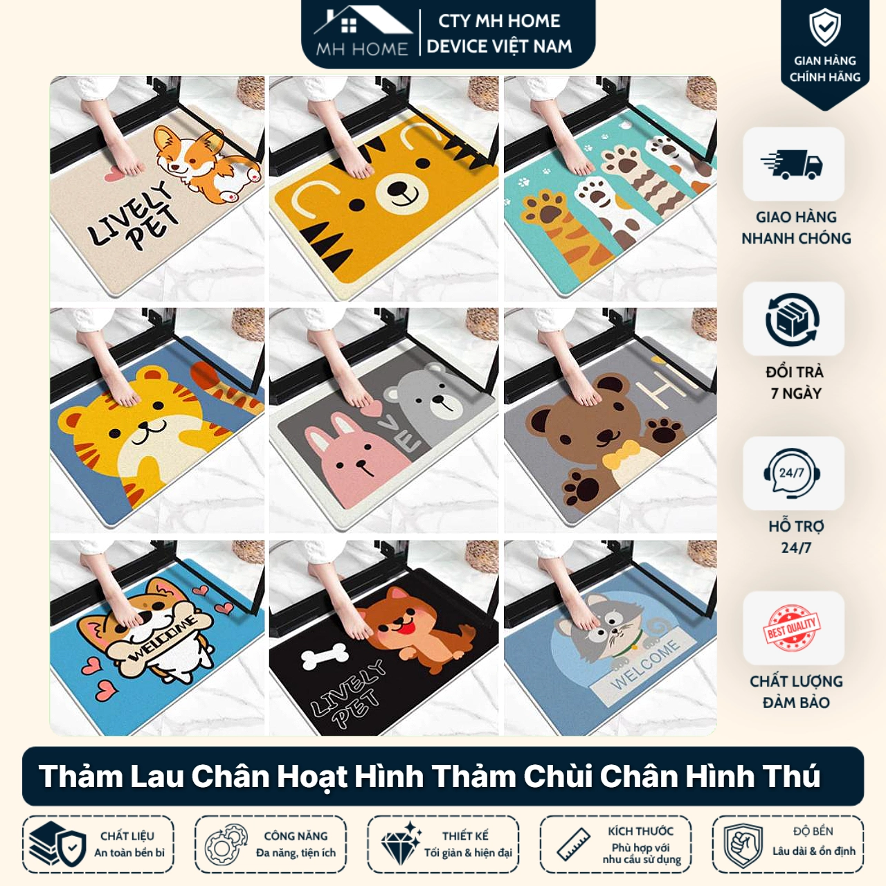 Thảm Lau Chân Hoạt Hình Thảm Chùi Chân Hình Thú 3D Siêu Thấm Nước Chống Trơn Trượt Nhiều Mẫu Đáng Yêu